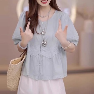 女裝 T恤胖MM蕾絲花邊拼接襯衫 2025新款 設計感漂亮短袖 女 夏季 大碼