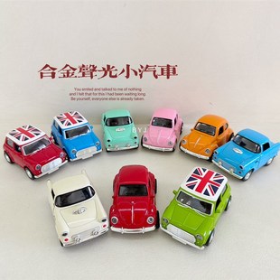 Q版 復古老爺車仿真合金汽車模型寶寶聲光回力兒童玩具開門皮卡車