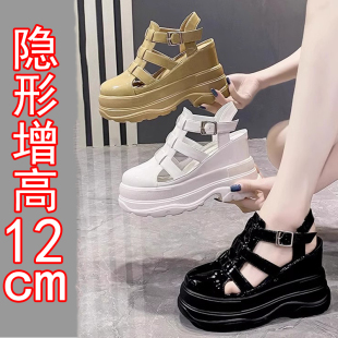 歐洲2025新款 女10cm小個子內(nèi)增高厚底松糕休閑鏤空輕 包頭羅馬涼鞋