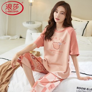 夏款 網紅風夏季 薄款 七分褲 可愛家居服兩件套 睡衣女k夏天全棉短袖