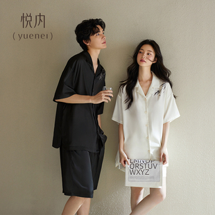 夏款 悅內情侶睡衣女夏季 家居服男士 短褲 絲綢高級感中國風 冰絲短袖
