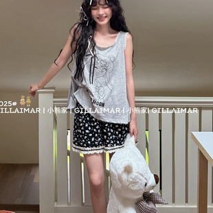 少女家居服套裝 絲光棉高級感可愛薄款 花邊吊帶短褲 小熊睡衣女夏季