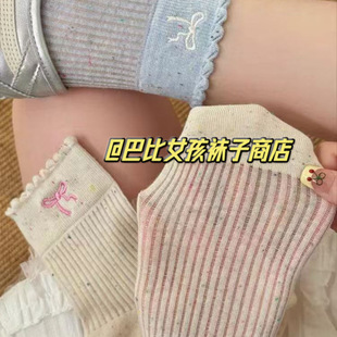 春夏花邊薄款 ins豎紋長襪女s 蝴蝶結(jié)襪子女點(diǎn)子紗中筒襪洛麗塔韓版
