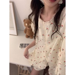 短袖 甜美櫻桃印花蕾絲花邊薄款 家居服套 2024新款 A棉紗睡衣女夏季