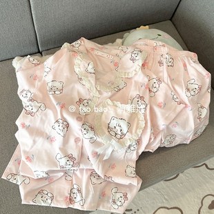 短褲 純棉短袖 兩件套卡通可愛少女家居服 夏季 粉色花邊小貓睡衣女款