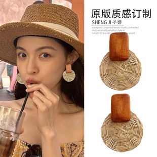 鐘楚曦同款 復古藤編木質圈圈耳環海邊度假百搭耳釘民族風夸張耳飾