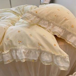 梨夢 床上用品 少女心全棉四件套被套公主碎花花邊床裙款