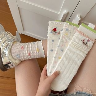 夏薄款 襪子女花邊網眼襪子女中筒襪少女可愛卡通小狗堆堆長襪新款