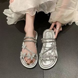 新款 女2024夏季 平底蝴蝶結仙女風外穿水鉆沙灘 涼鞋 配裙子時尚