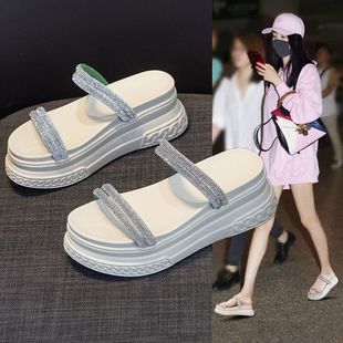ins涼鞋 水鉆仙女風(fēng)厚底涼拖女兩穿夏新款 網(wǎng)紅增高7cm外穿一字拖鞋