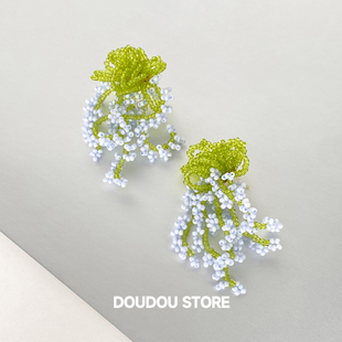 DOUDOUSTORE流蘇花簇藍綠色手工串珠花朵耳環海邊度假風女