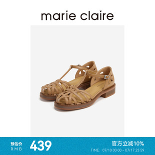 中跟鏤空marieclaire女鞋 MC女鞋 可可棕灰圓頭牛皮編織羅馬涼鞋
