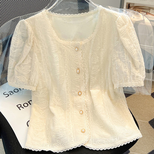 2025新款 氣質雪紡襯衫 小衫 泡泡袖 女裝 蕾絲上衣女夏季 大碼 法式 短袖