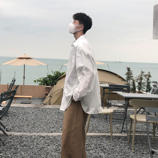 男女款 純色百搭休閑寬松純棉襯衫 情侶長袖 春夏設計感ins小眾韓版