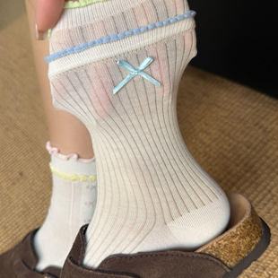 女生粉色花邊棉襪透氣春夏季 襪子女夏薄款 女款 爆款 中筒襪2025新款