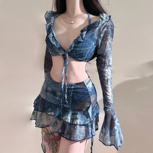 世可兒2025印花比基尼罩衫 顯瘦遮肉4件套分體泳衣女 高腰遮肚裙式