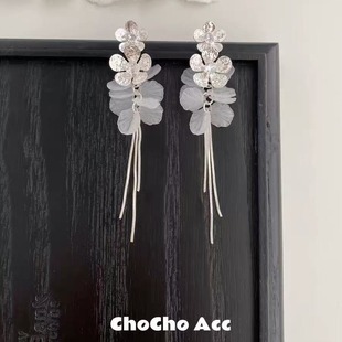 chocho 耳環方圓臉超仙耳釘耳飾 銀色花朵貝殼海邊度假風流蘇長款