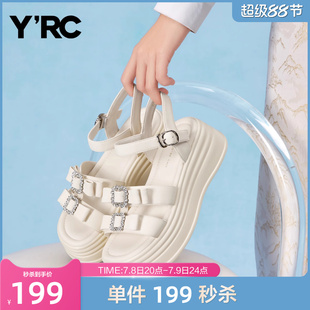 蝴蝶結外穿一字帶小個子羅馬沙灘鞋 YRC水鉆厚底涼鞋 女新款