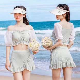 平角泳衣女保守顯瘦學(xué)生格子小胸聚攏游泳裝 韓版 小清新分體裙式