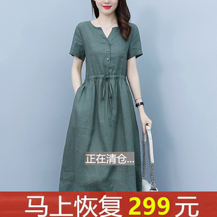 外貿(mào)原單專柜撤回棉麻連衣裙女夏裝 亞麻高級感女士中長裙 媽媽新款