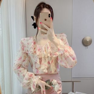 女超仙 印花襯衫 上衣 專柜撤回大牌外貿(mào)V領(lǐng)荷葉邊喇叭袖 清倉撿漏