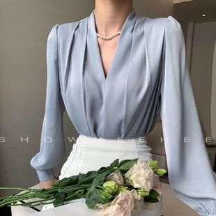 清倉撿漏 上衣秋 專柜撤回大牌外貿(mào)氣質(zhì)簡約職業(yè)設(shè)計感小眾v領(lǐng)襯衫