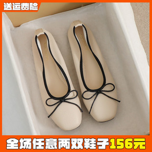 女夏平底2025新款 女鞋 軟底奶奶鞋 大碼 41到43 淺口豆豆鞋 蝴蝶結單鞋