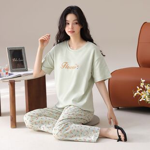 純棉短袖 甜美女士家居服套裝 長褲 薄款 2025夏季 簡約風(fēng)睡衣女春夏款