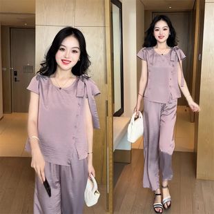 套裝 上衣闊腿褲 女2025夏季 洋氣顯瘦不規則短袖 兩件套 新款 冰絲時尚