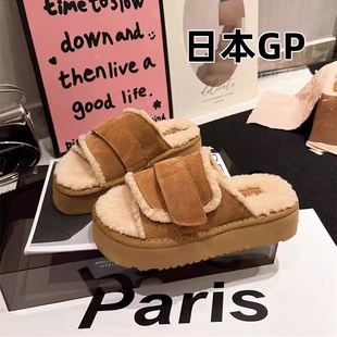 休閑博肯鞋 日本GP真皮仙女風毛毛拖鞋 女外穿厚底增高棉拖秋冬新款