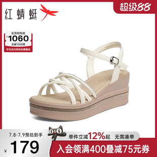 女款 軟底一字帶鞋 2025夏季 松糕厚底水鉆女鞋 子 新款 紅蜻蜓坡跟涼鞋