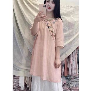 連衣裙A字復古茶服古風中長款 刺繡新中式 新款 裙夏季 禪意 寬松襯衫