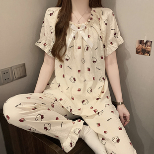 網(wǎng)紅風(fēng)卡通可愛花邊家居服套裝 夏季 睡衣女2025新款 長褲 云朵棉短袖