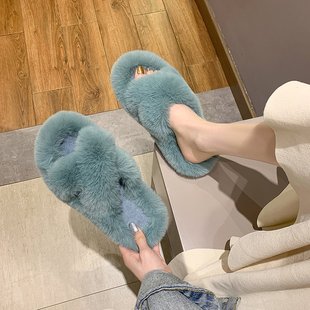 可愛懶人兔毛絨交叉棉拖潮 秋冬季 潮流毛毛拖鞋 女外穿網紅2025新款