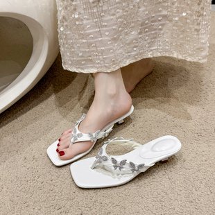 方頭露趾氣質名媛細跟涼鞋 法式 女夏季 簡約蝴蝶水鉆一字涼拖鞋 新款