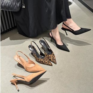 百搭單鞋 2025年新款 女配裙子氣質(zhì)細(xì)跟豹紋后空涼鞋 高跟鞋 尖頭時尚