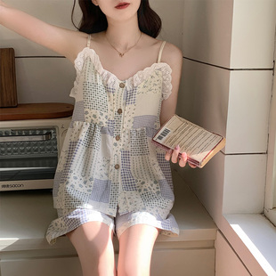 套裝 云朵棉帶胸墊短褲 高級感休閑家居服 夏季 格子花邊吊帶睡衣女款