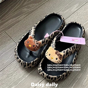 辣妹豹紋hellokitty厚底人字拖居家拖鞋 防滑海邊沙灘 女夏外穿涼鞋
