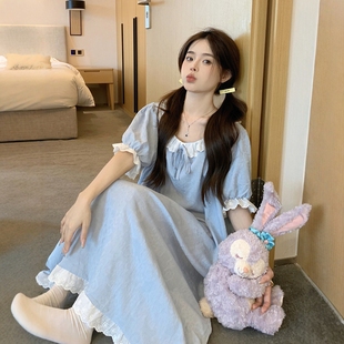 甜美霧霾藍純棉花邊領睡裙女夏季 寬松可外穿家居服 少女娃娃領短袖