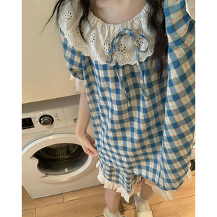 套裝 小花朵圓領短袖 家居服 2025新款 日系可愛花邊領格紋睡衣女夏季