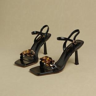 單鞋 一字帶涼鞋 細(xì)跟方頭百搭露趾鏈條休閑女鞋 真皮高跟鞋 潮 女夏季