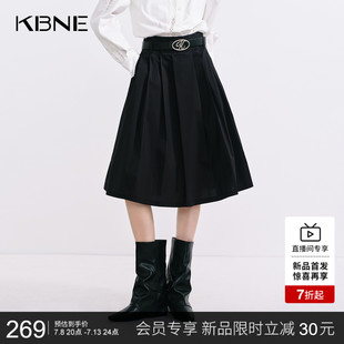 半身裙女黑色高腰百褶裙kbne25秋季 簡約學院風拉鏈A字中長裙 新款