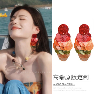 周芯竹同款 彩色貝殼圓片流蘇耳釘海邊度假風耳環女夏獨特夸張耳飾
