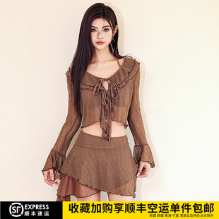 美拉德純欲泳衣女四件套分體高級感海邊度假防曬微胖女孩性感泳裝