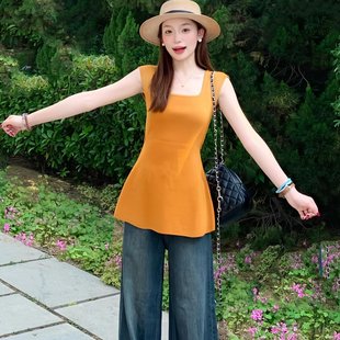 甜辣設計感露腰無袖 顯瘦美式 針織女夏 橘色純欲風氣質修身 現貨