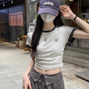 短款 條紋正肩短袖 街頭甜辣運動休閑修身 美式 露臍上衣潮 T恤女夏季