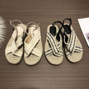 配裙子晚晚草編旅游拖鞋 女夏季 度假編織仙女波西米亞厚底涼鞋 韓版