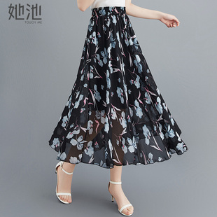 清新大擺雪紡高腰中長款 女裝 A字裙 新款 她池印花半身裙2025春裝