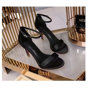女仙女風(fēng)細(xì)跟細(xì)帶黑色露趾羅馬鞋 新款 綢緞簡(jiǎn)約一字帶高跟涼鞋
