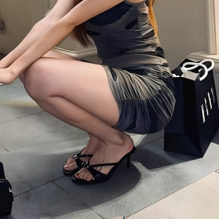 配裙子細跟涼鞋 羊皮版 女夏外穿蝴蝶結涼拖鞋 真皮露趾高跟鞋 法式